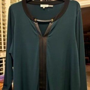 Women's Calvin Klein Blouse 2X Long Sl with faux leather trim Green/Black